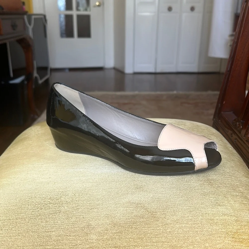 Aquatalia Black Patent Leather Wedge Peep Toe Shoes size 10 NWOB